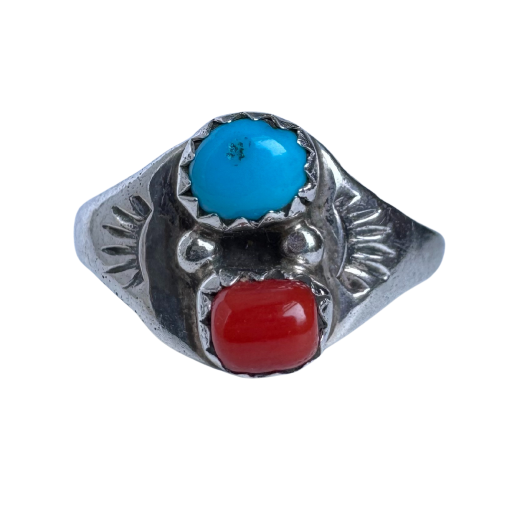 Turquoise & Coral Twin Stone Ring